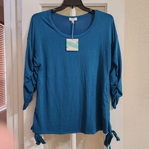 NWT Umgee Teal Oversized Ruched Sleeve Side Tie Knit Tunic Top Small Boutique